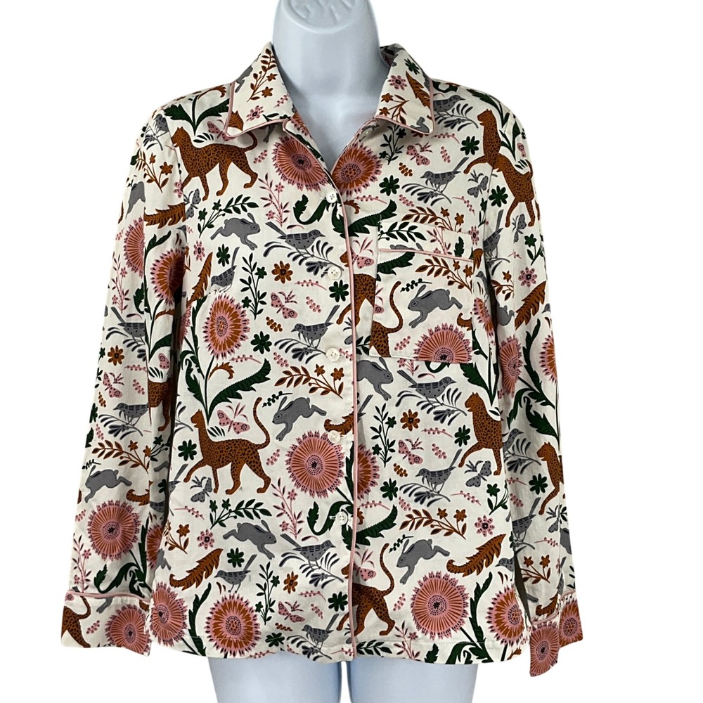 BODEN Pajama Top Long Sleeve Button Up Sleepwear Top Size US 2 Animal Forest